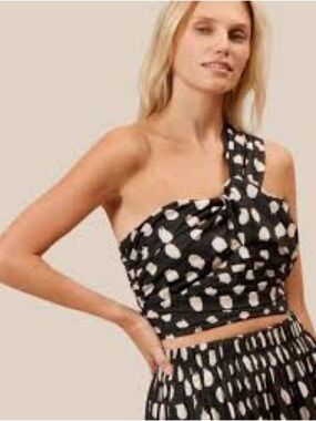 Lucy Paris Sophia Polka Dot One Shoulder Top Smocked Crop Blouse NWT Size S
